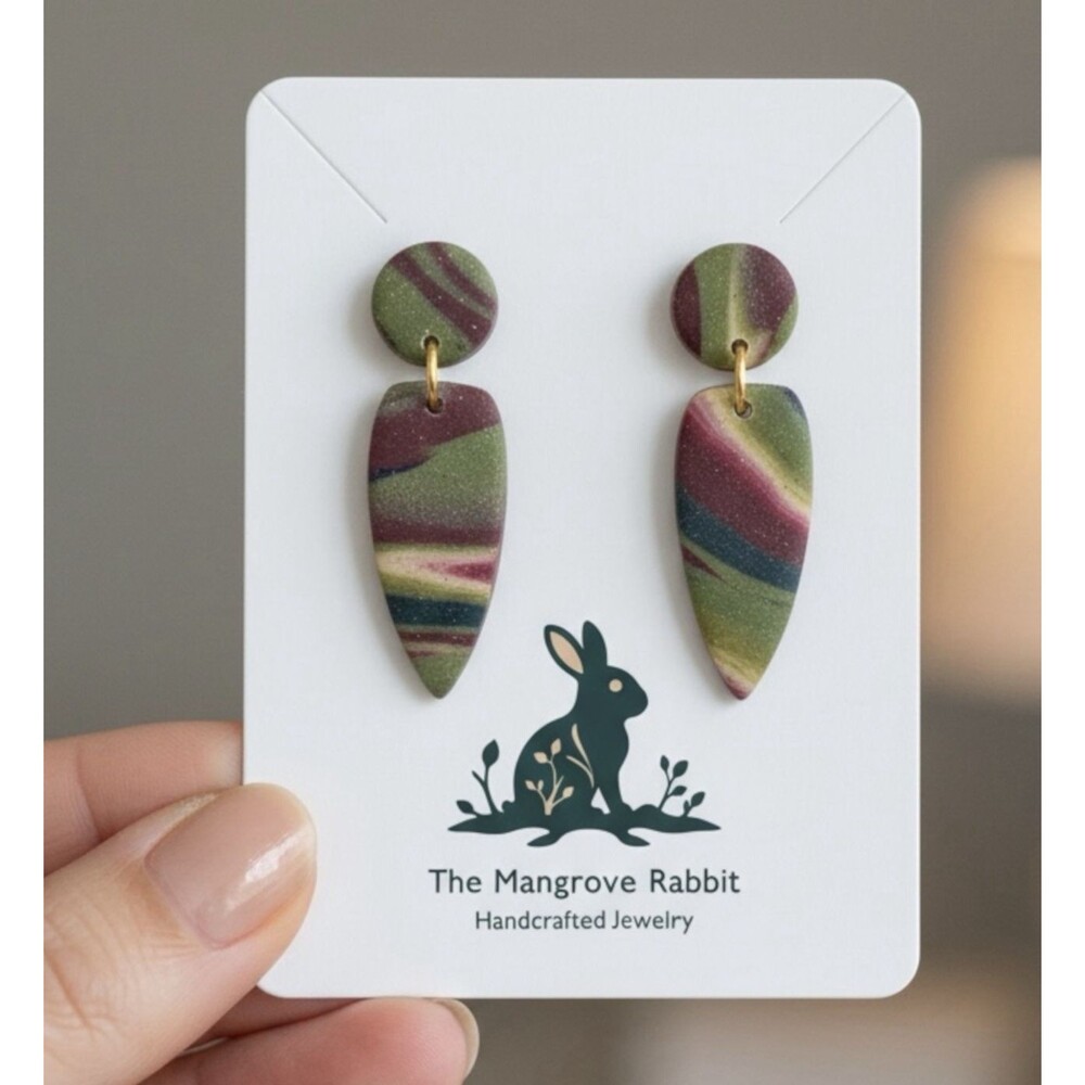 Crimson Ecru Green Swirl Small Handmade Polymer Clay Dangle Earrings w SS Posts